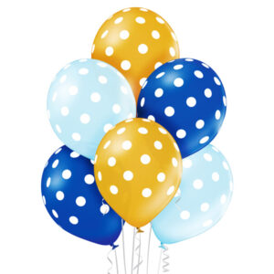 Balony gumowe 6 sztuk w opakowaniu błękitne, złote i niebieskie w białe kropki Balony z helem niebieskie i złote w białe grochy
