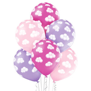 Balony lateksowe 6 sztuk w opakowaniu z nadrukiem w chmurki Różowe i jasno fioletowe balony z helem w chmurki