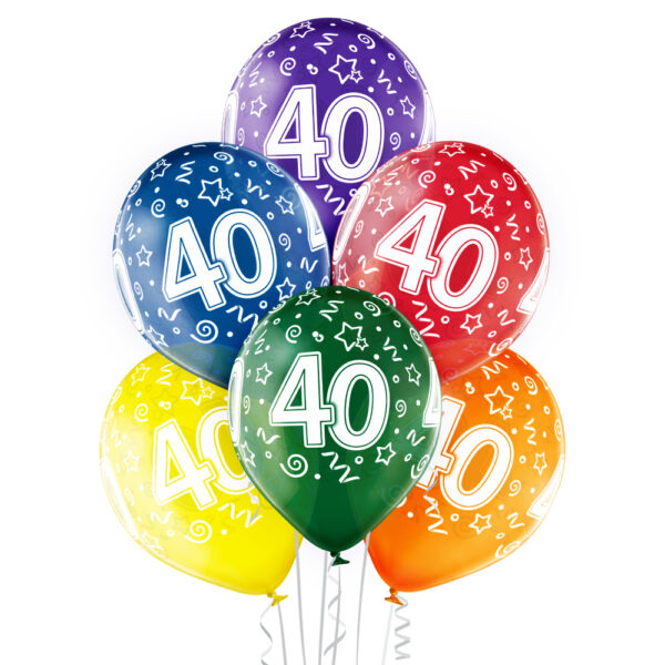Balony lateksowe transparente 6 sztuk w opakowaniu mix kolorów z nadrukowaną cyfrą '40' Dekoracja z balonów na 40 urodziny