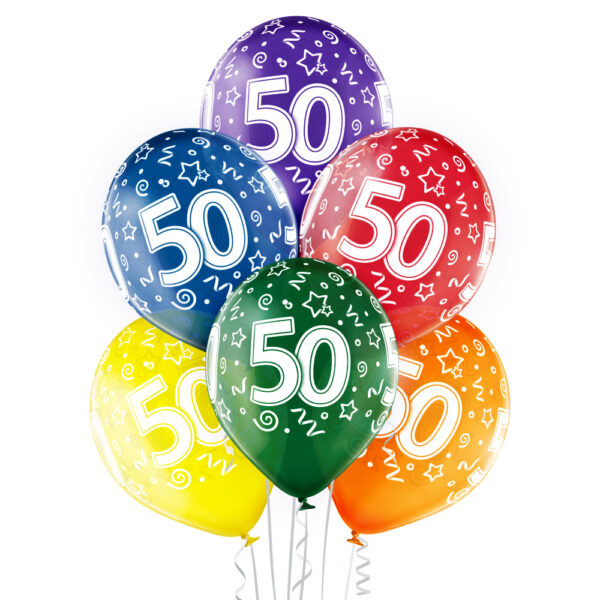 Balony lateksowe transparentne 6 sztuk w opakowaniu mix kolorów na urodziny '50' Balony na 50 tkę