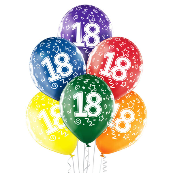 Balony lateksowe transparentne 6 sztuk w opakowaniu mix kolorów z nadrukiem urodzinowym na '18' Balony z helem na osiemnastkę