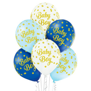 Balony na Baby Showe narodziny chłopca 6 sztuk w opakowaniu ze złotymi zdobieniami konfetti Ładne balony z helem na narodziny syna