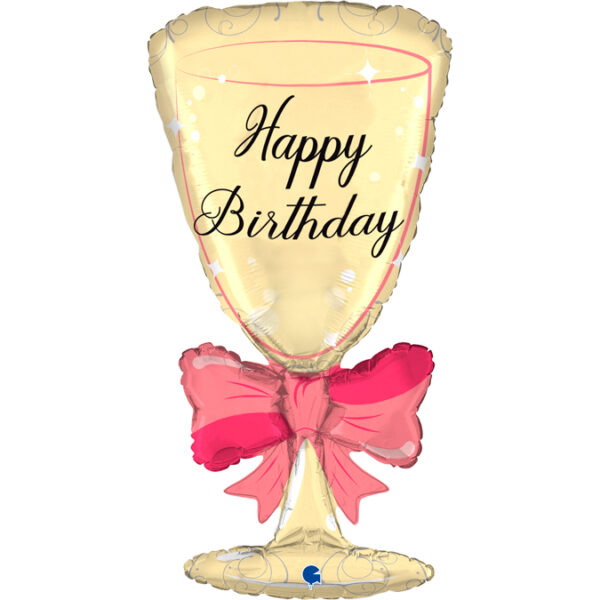 Ln02. Balon foliowy na urodziny w kształcie kieliszka z napisem Happy BirthDay 91 cm