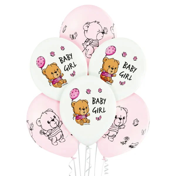 Piękne i slodkie balony z misiem z okazji narodzin dziecka dziewczynki coreczki.jpg Balony biało i różowe z nadrukiem w postaci pięknych misiów i napisami Baby Girl - Jakie balony na narodziny córki