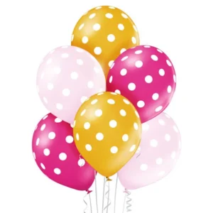 Różowe, fuksjowe i złote balony z helem w piękne duże białe grochy Warszawa
