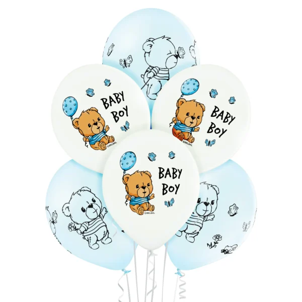 Balony na narodziny dziecka białe i błękitne z napisem Baby Boy
