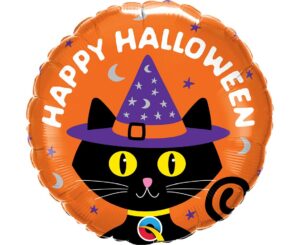 Hall04 Balon foliowy 18 cali Happy Halloween QL pomarańczowy z czarnym kotkiem