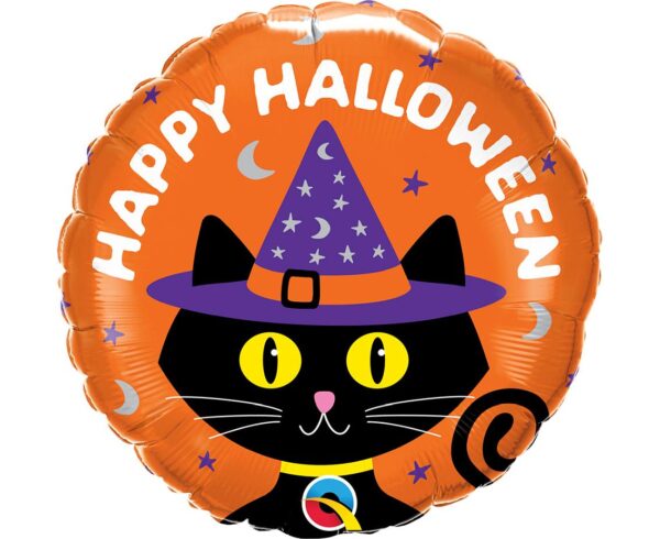 Hall04 Balon foliowy 18 cali Happy Halloween QL pomarańczowy z czarnym kotkiem