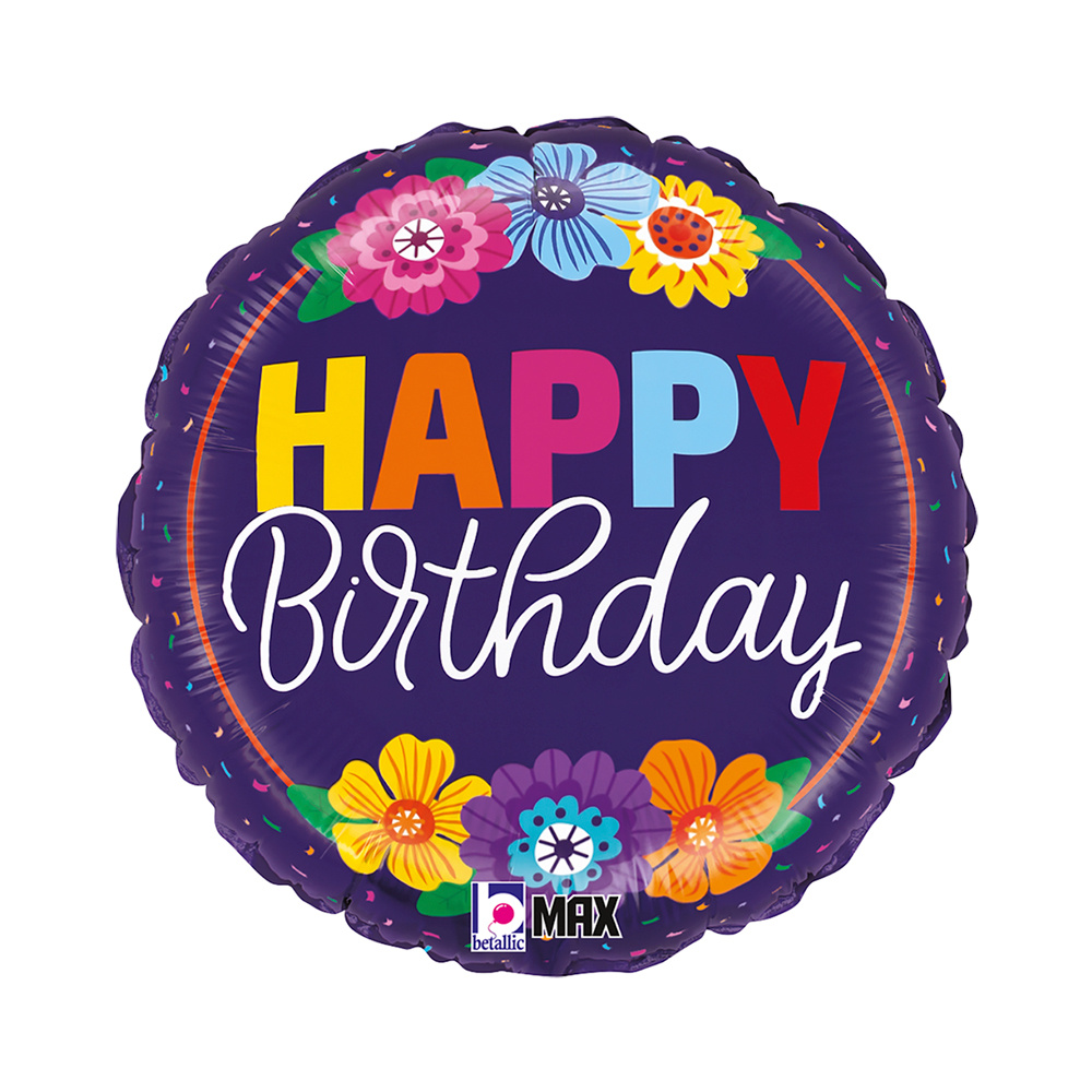 Lc10. Balon foliowy z helem na urodziny 18″ cali (43 cm) – Happy Birthday fioletowy z kwiatami