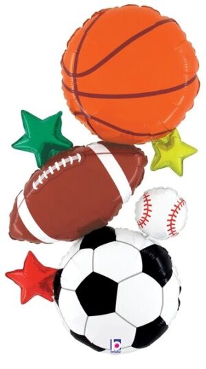 Wd02 Balon foliowy bukiet „Sport” z piłką nożną, koszykową i rugby z helem